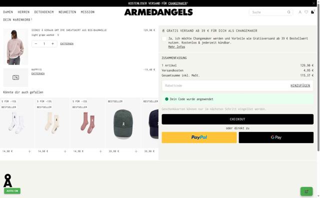 ARMEDANGELS checkout page showing ARMEDANGELS promo code box | Screenshot taken by SimplyCodes community member on Sep 14, 2025