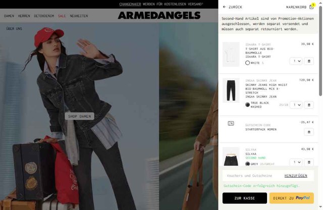 ARMEDANGELS checkout page showing ARMEDANGELS promo code box | Screenshot taken by SimplyCodes community member on Jul 18, 2025