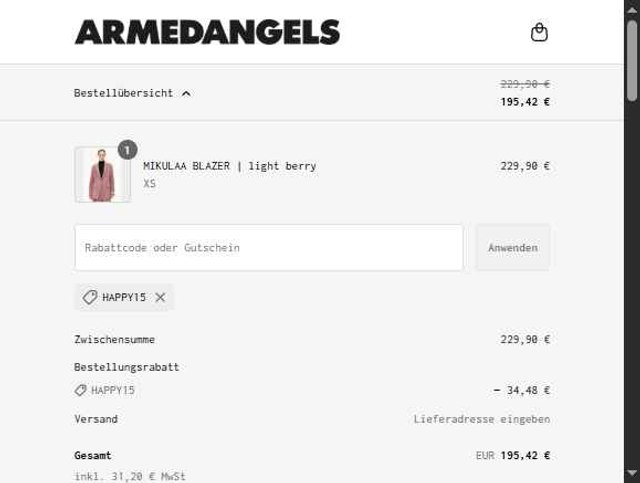 ARMEDANGELS checkout page showing ARMEDANGELS promo code box | Screenshot taken by SimplyCodes community member on Aug 16, 2025