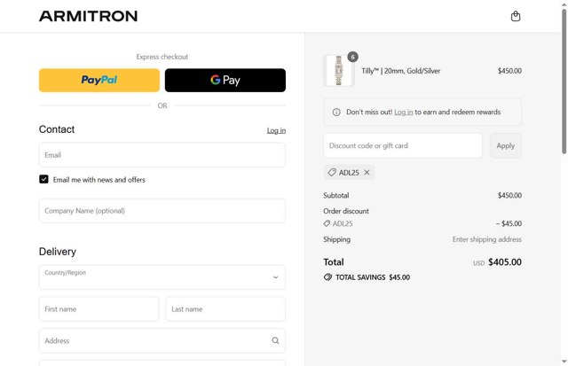 Armitron checkout page showing Armitron discount code box | Screenshot taken by SimplyCodes community member on Aug 31, 2025