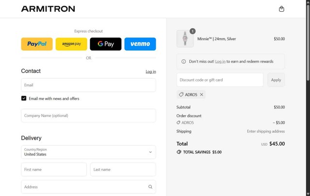 Armitron checkout page showing Armitron discount code box | Screenshot taken by SimplyCodes community member on Aug 26, 2025