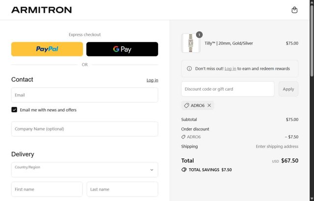 Armitron checkout page showing Armitron discount code box | Screenshot taken by SimplyCodes community member on Aug 31, 2025