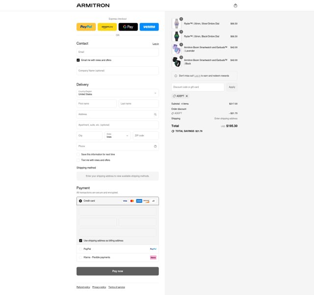 Armitron checkout page showing Armitron discount code box | Screenshot taken by SimplyCodes community member on Sep 4, 2025