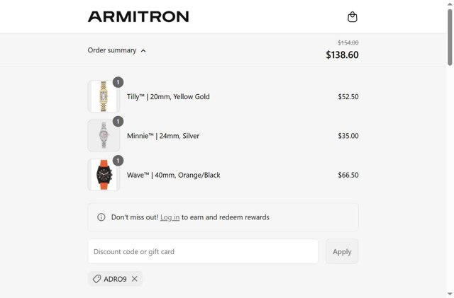 Armitron checkout page showing Armitron discount code box | Screenshot taken by SimplyCodes community member on Sep 2, 2025