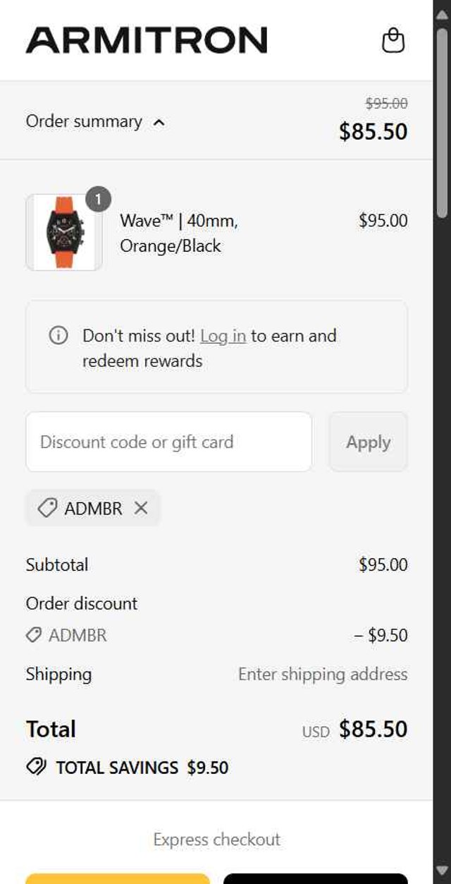 Armitron checkout page showing Armitron discount code box | Screenshot taken by SimplyCodes community member on Aug 25, 2025