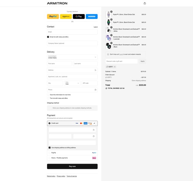 Armitron checkout page showing Armitron discount code box | Screenshot taken by SimplyCodes community member on Aug 26, 2025