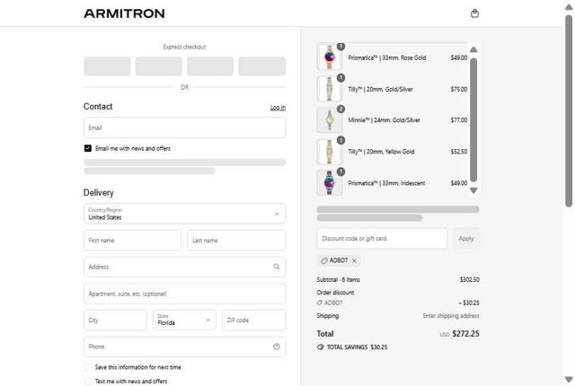 Armitron checkout page showing Armitron discount code box | Screenshot taken by SimplyCodes community member on Aug 31, 2025