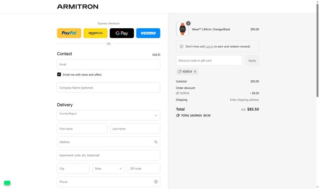 Armitron checkout page showing Armitron discount code box | Screenshot taken by SimplyCodes community member on Aug 25, 2025