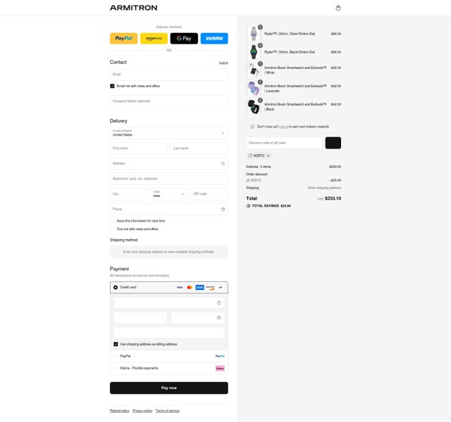 Armitron checkout page showing Armitron discount code box | Screenshot taken by SimplyCodes community member on Aug 30, 2025