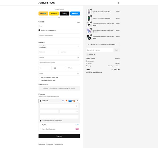 Armitron checkout page showing Armitron discount code box | Screenshot taken by SimplyCodes community member on Aug 26, 2025