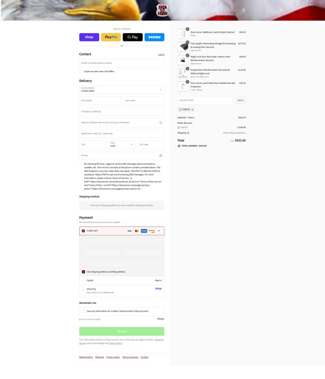 Armor Concepts checkout page showing Armor Concepts coupon code box | Screenshot taken by SimplyCodes community member on Sep 3, 2025