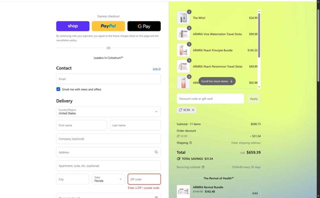 ARMRA checkout page showing ARMRA discount code box | Screenshot taken by SimplyCodes community member on Sep 5, 2025