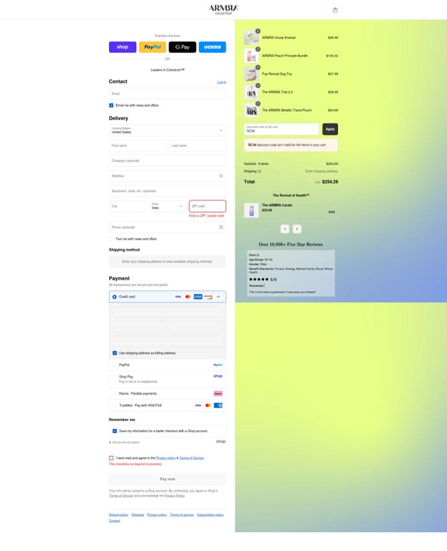 ARMRA checkout page showing ARMRA discount code box | Screenshot taken by SimplyCodes community member on Sep 7, 2025