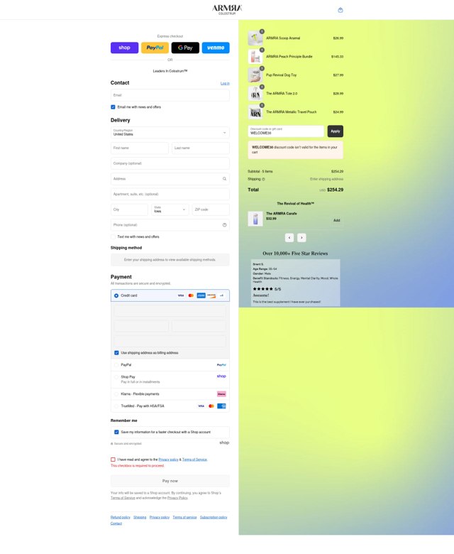 ARMRA checkout page showing ARMRA discount code box | Screenshot taken by SimplyCodes community member on Sep 8, 2025