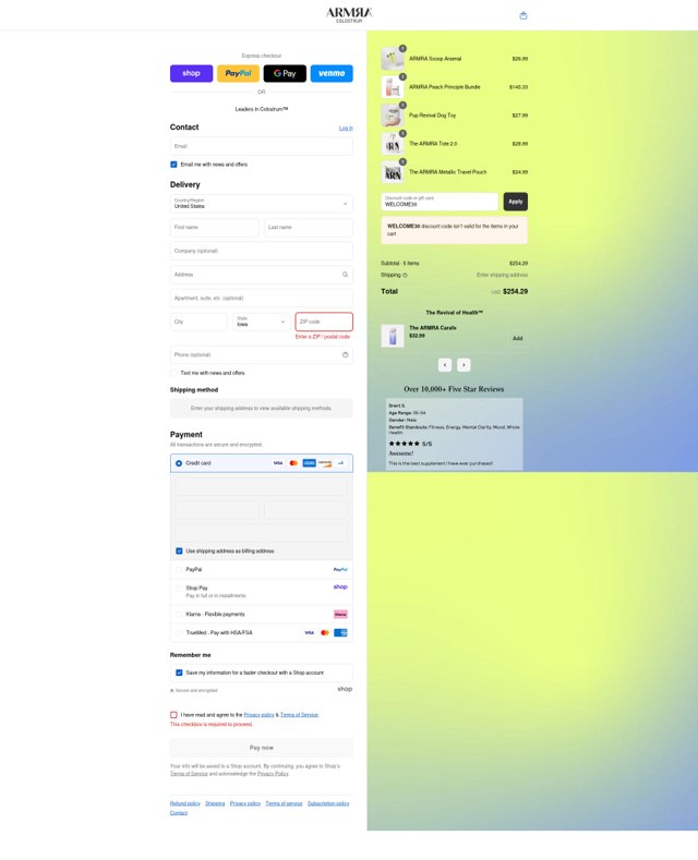 ARMRA checkout page showing ARMRA discount code box | Screenshot taken by SimplyCodes community member on Sep 4, 2025