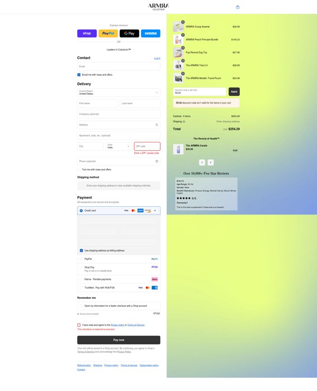 ARMRA checkout page showing ARMRA discount code box | Screenshot taken by SimplyCodes community member on Aug 31, 2025