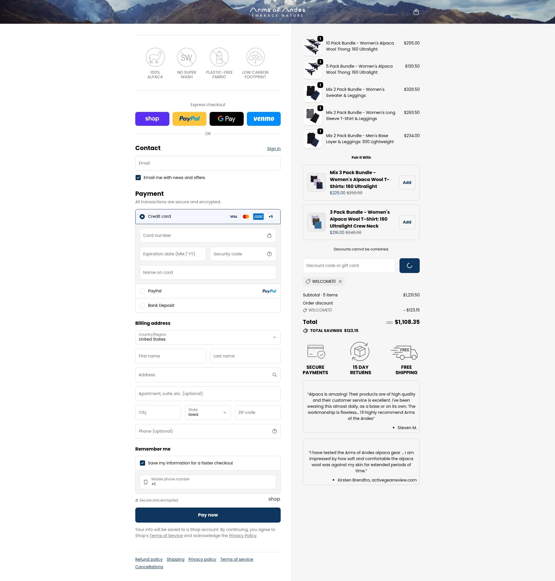 Arms of Andes checkout page showing Arms of Andes discount code box | Screenshot taken by SimplyCodes community member on Dec 30, 2025