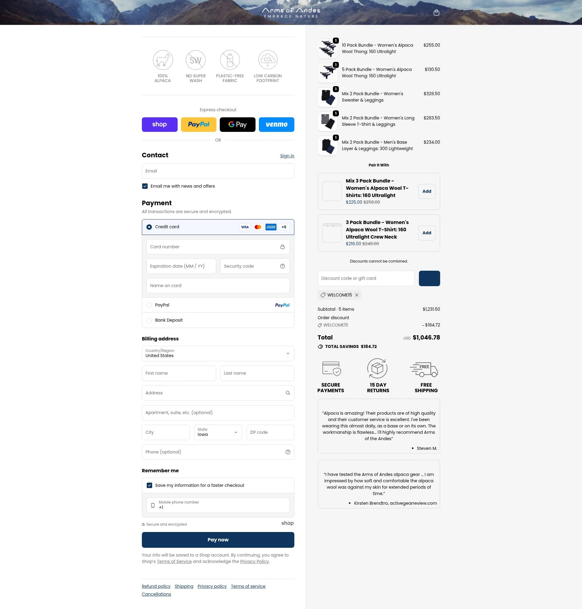 Arms of Andes checkout page showing Arms of Andes discount code box | Screenshot taken by SimplyCodes community member on Dec 30, 2025