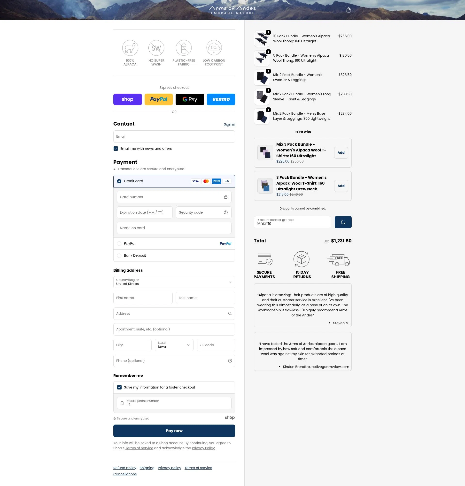 Arms of Andes checkout page showing Arms of Andes discount code box | Screenshot taken by SimplyCodes community member on Dec 25, 2025