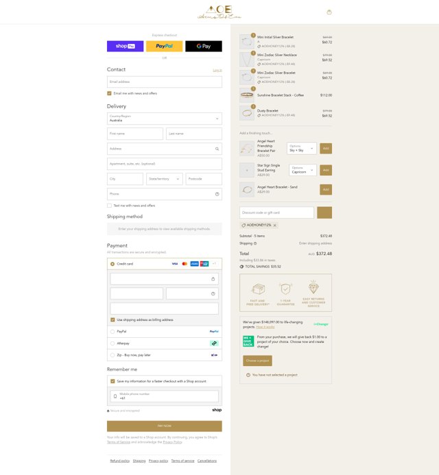 Arms of Eve checkout page showing Arms of Eve discount code box | Screenshot taken by SimplyCodes community member on Aug 22, 2025