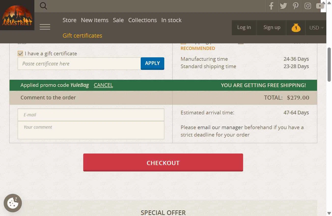 ArmStreet checkout page showing ArmStreet promo code box | Screenshot taken by SimplyCodes community member on Nov 7, 2025