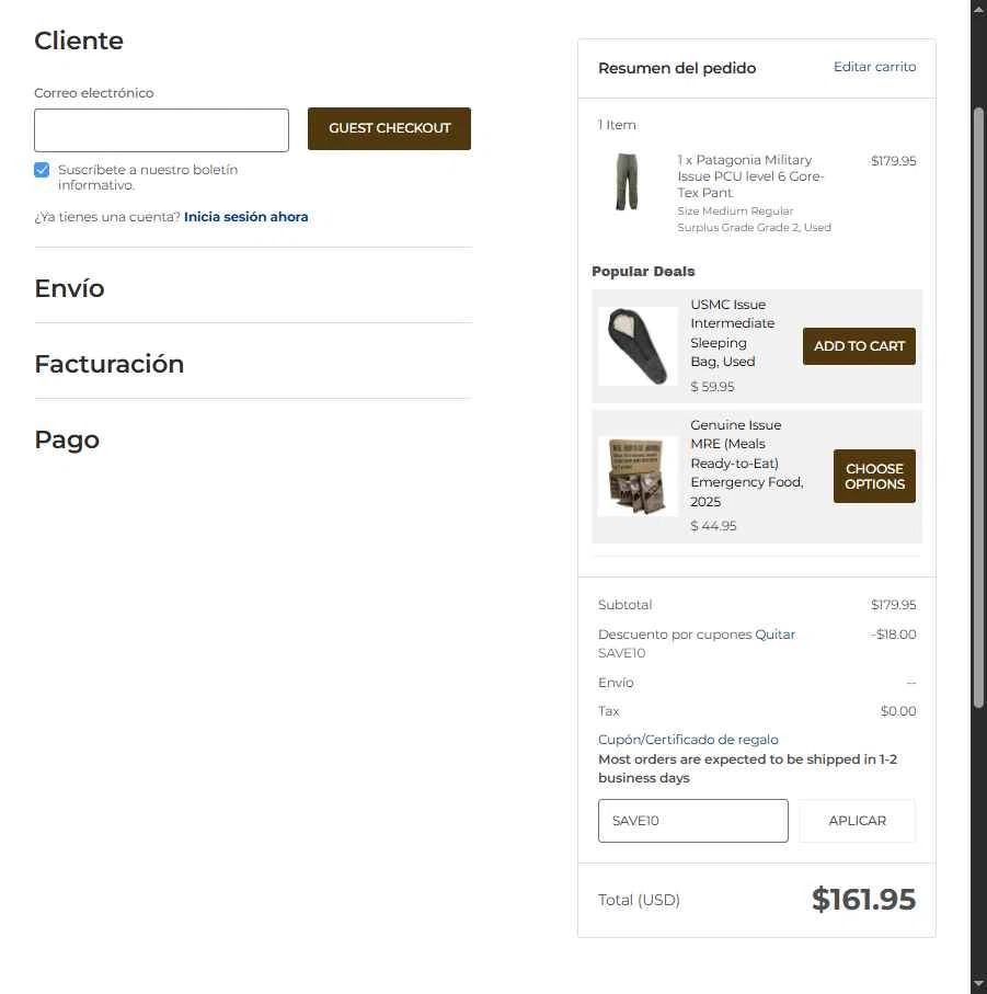 Army Navy Outdoors checkout page showing Army Navy Outdoors coupon code box | Screenshot taken by SimplyCodes community member on Feb 12, 2026