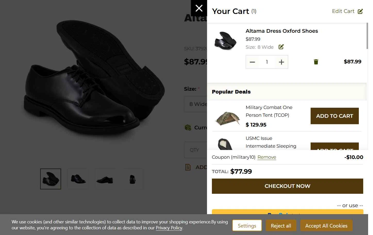 Army Navy Outdoors checkout page showing Army Navy Outdoors coupon code box | Screenshot taken by SimplyCodes community member on Dec 13, 2025
