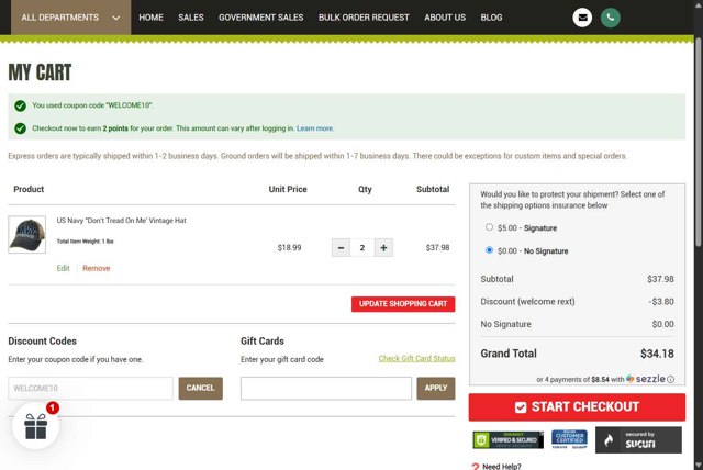 Army Surplus World checkout page showing Army Surplus World promo code box | Screenshot taken by SimplyCodes community member on Apr 26, 2025