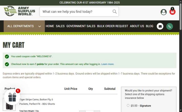 Army Surplus World checkout page showing Army Surplus World promo code box | Screenshot taken by SimplyCodes community member on Apr 26, 2025