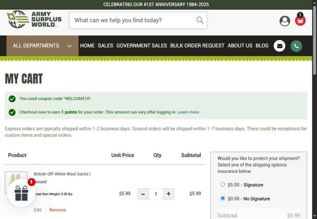 Army Surplus World checkout page showing Army Surplus World promo code box | Screenshot taken by SimplyCodes community member on Apr 26, 2025