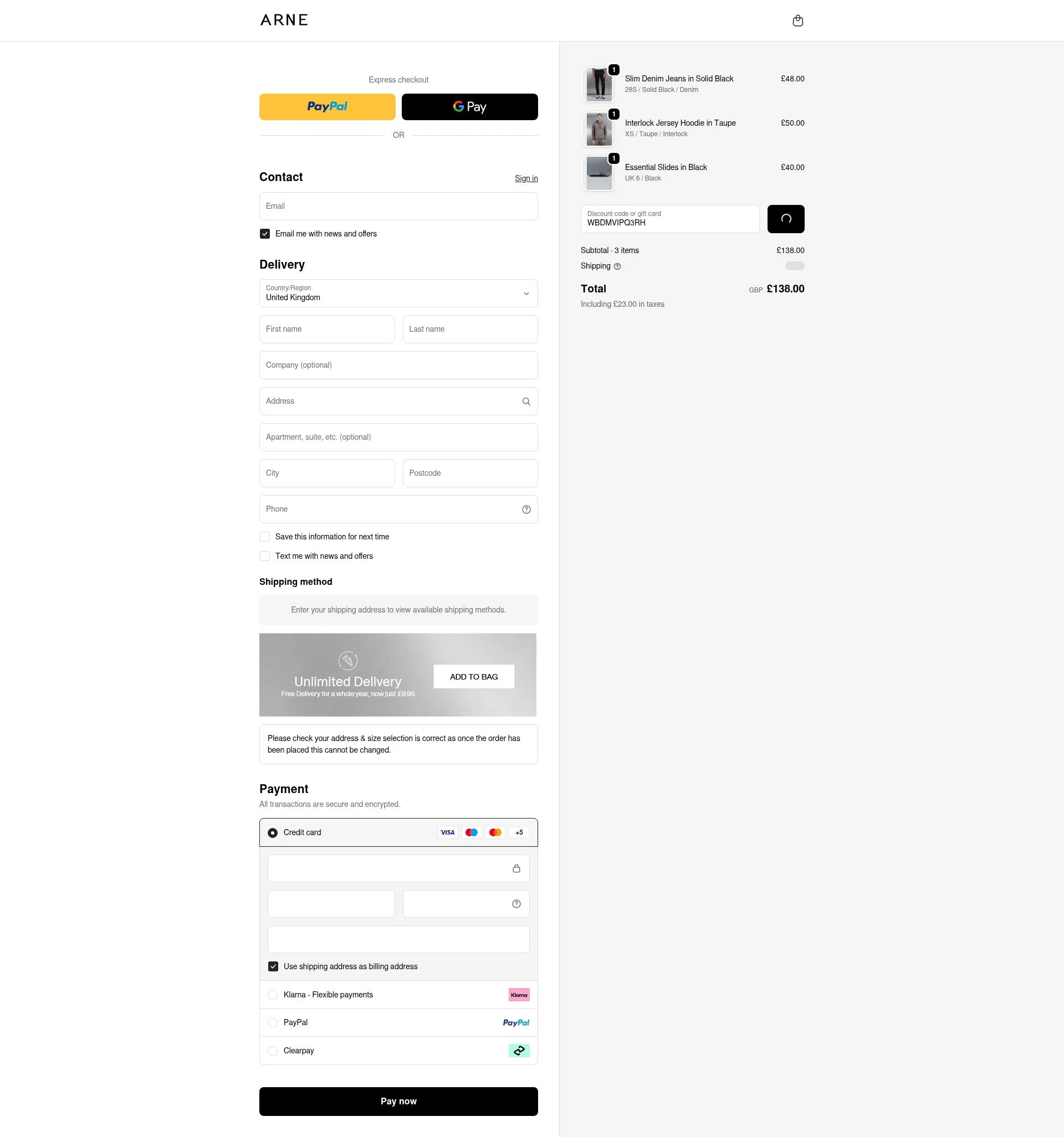 ARNE checkout page showing ARNE discount code box | Screenshot taken by SimplyCodes community member on Feb 9, 2026