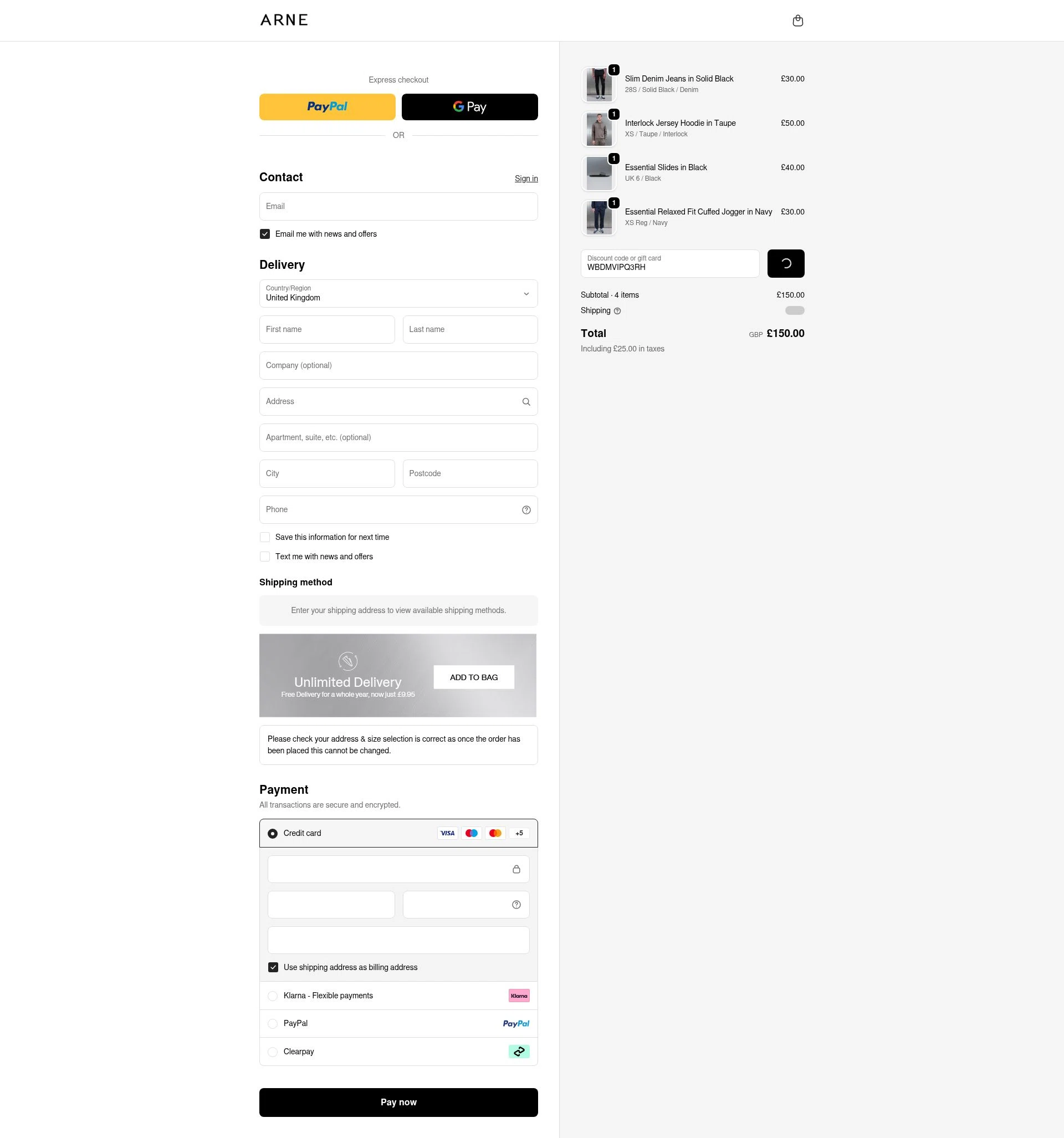 ARNE checkout page showing ARNE discount code box | Screenshot taken by SimplyCodes community member on Jan 30, 2026