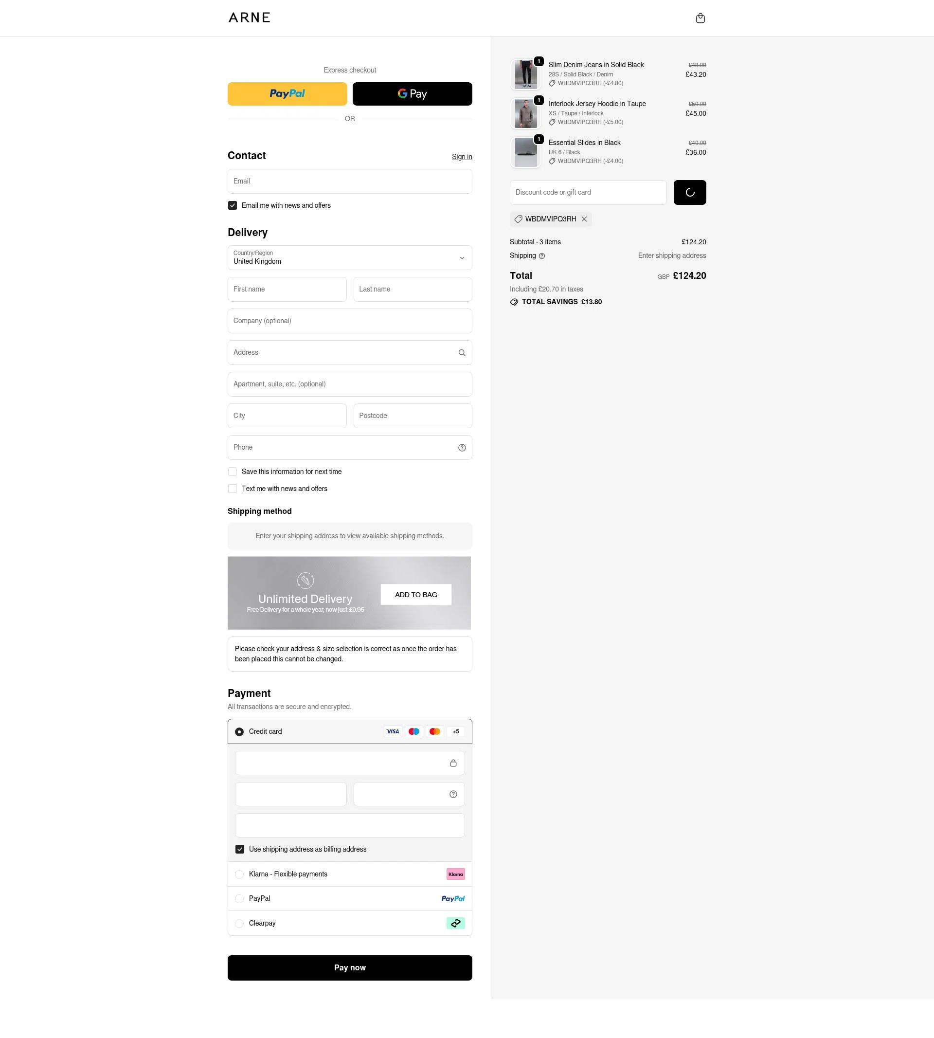 ARNE checkout page showing ARNE discount code box | Screenshot taken by SimplyCodes community member on Feb 8, 2026