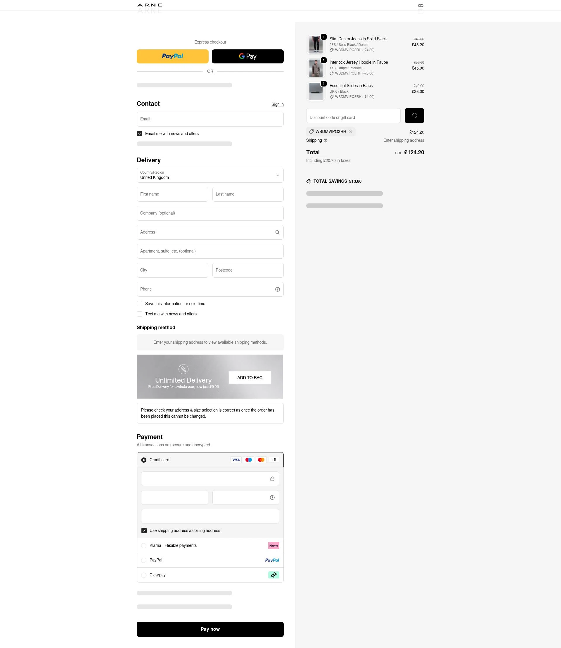 ARNE checkout page showing ARNE discount code box | Screenshot taken by SimplyCodes community member on Feb 11, 2026
