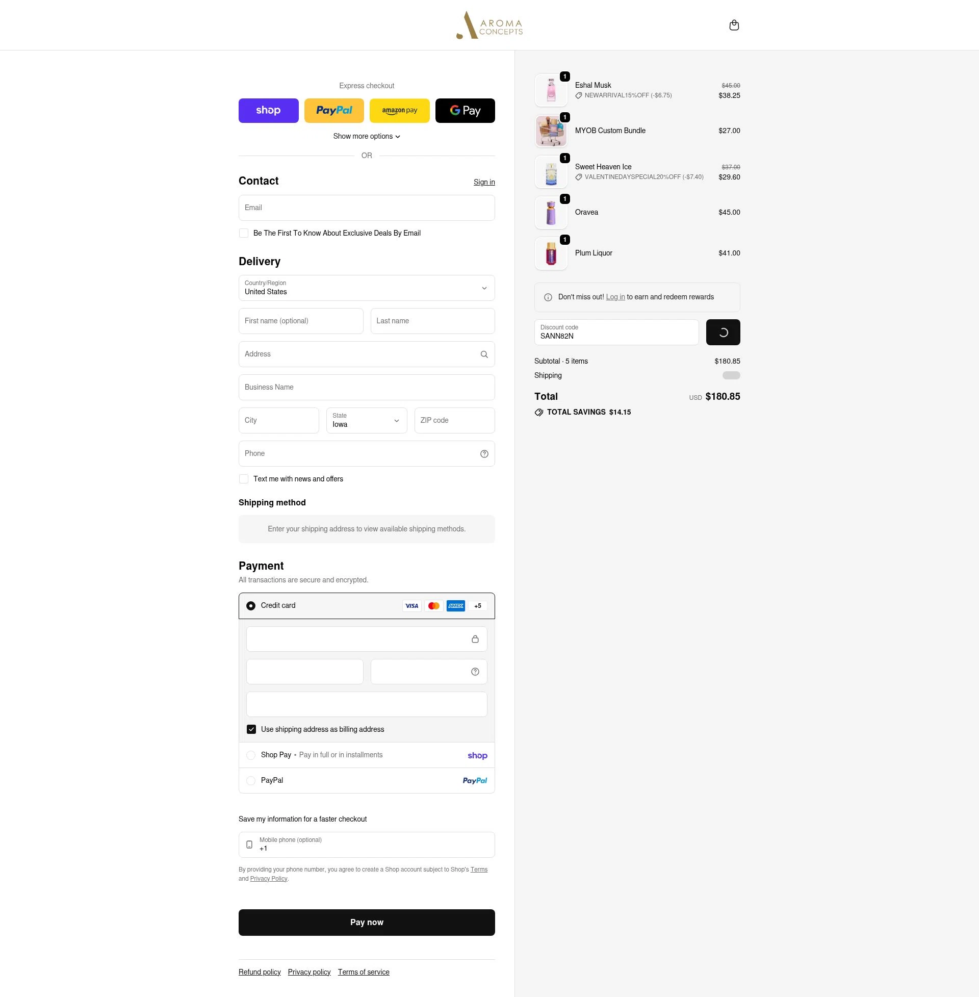 Aroma Concepts checkout page showing Aroma Concepts discount code box | Screenshot taken by SimplyCodes community member on Feb 14, 2026