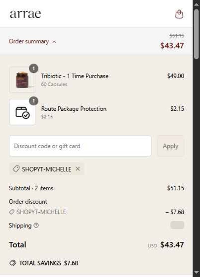 Arrae checkout page showing Arrae discount code box | Screenshot taken by SimplyCodes community member on Apr 27, 2025