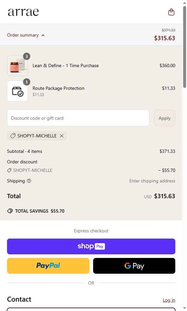 Arrae checkout page showing Arrae discount code box | Screenshot taken by SimplyCodes community member on Apr 27, 2025