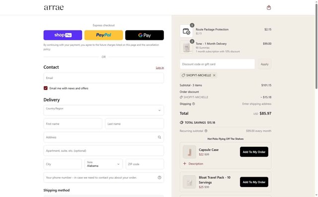 Arrae checkout page showing Arrae discount code box | Screenshot taken by SimplyCodes community member on Jun 4, 2025