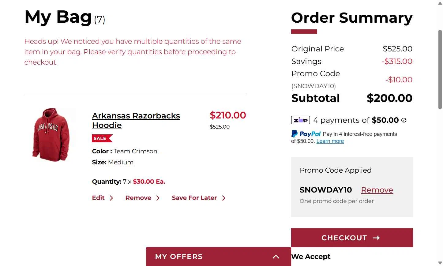 Arkansas Razorbacks checkout page showing Arkansas Razorbacks coupon code box | Screenshot taken by SimplyCodes community member on Feb 6, 2026