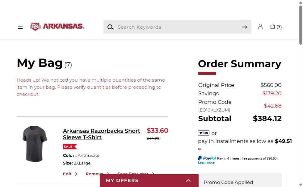 Arkansas Razorbacks checkout page showing Arkansas Razorbacks coupon code box | Screenshot taken by SimplyCodes community member on Feb 8, 2026