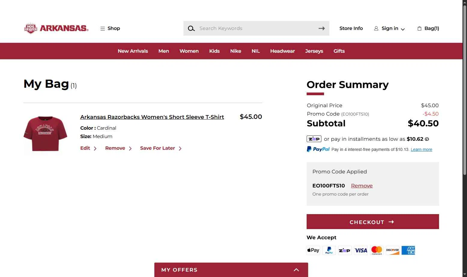 Arkansas Razorbacks checkout page showing Arkansas Razorbacks coupon code box | Screenshot taken by SimplyCodes community member on Feb 10, 2026