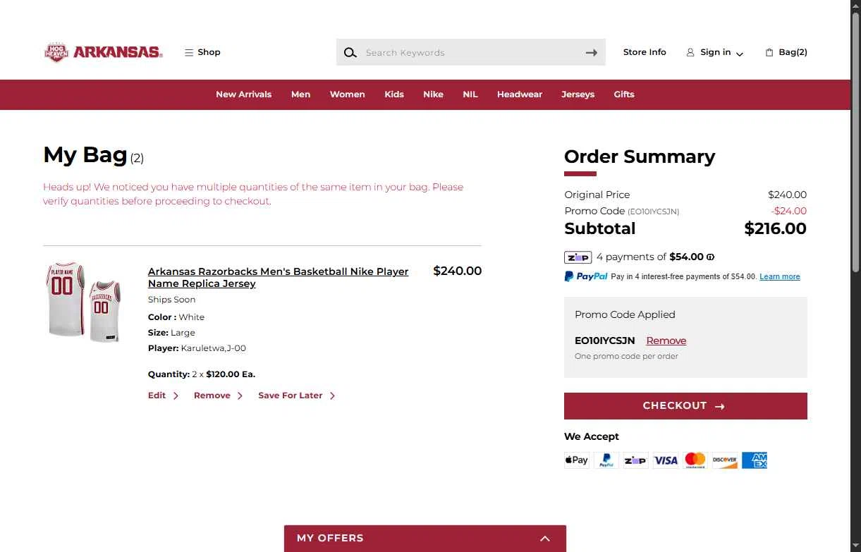 Arkansas Razorbacks checkout page showing Arkansas Razorbacks coupon code box | Screenshot taken by SimplyCodes community member on Jan 31, 2026