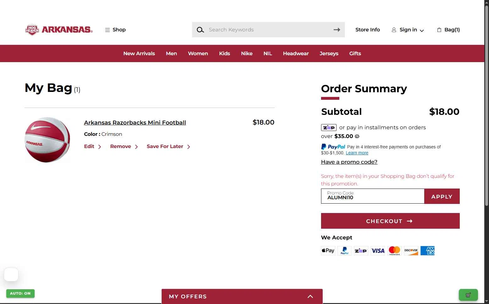 Arkansas Razorbacks checkout page showing Arkansas Razorbacks coupon code box | Screenshot taken by SimplyCodes community member on Feb 2, 2026