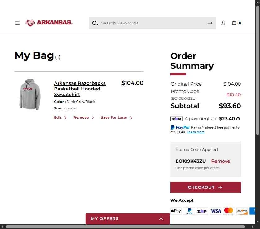 Arkansas Razorbacks checkout page showing Arkansas Razorbacks coupon code box | Screenshot taken by SimplyCodes community member on Feb 8, 2026