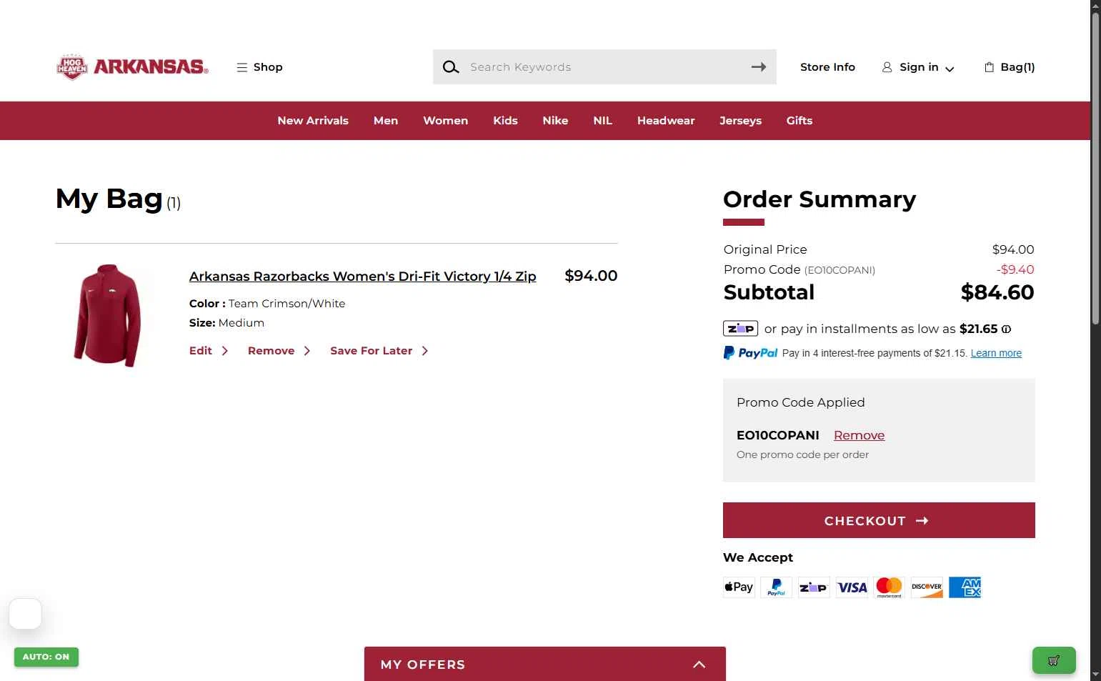 Arkansas Razorbacks checkout page showing Arkansas Razorbacks coupon code box | Screenshot taken by SimplyCodes community member on Feb 10, 2026