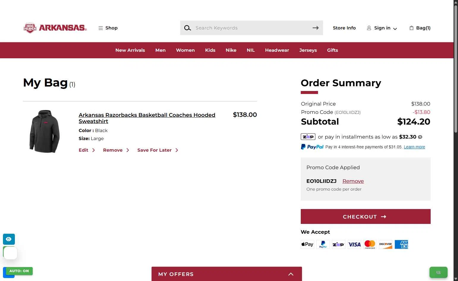 Arkansas Razorbacks checkout page showing Arkansas Razorbacks coupon code box | Screenshot taken by SimplyCodes community member on Feb 8, 2026