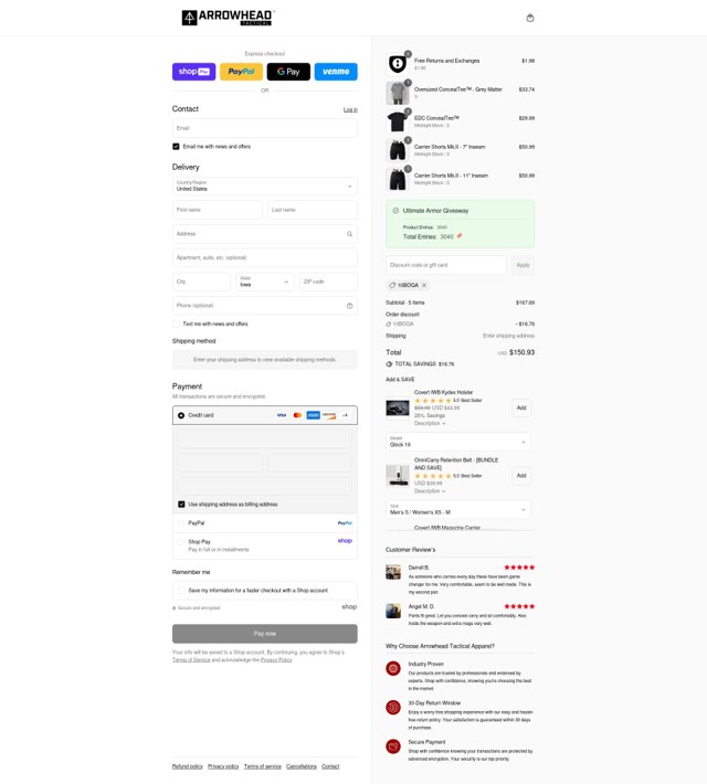 Arrowhead Tactical Apparel checkout page showing Arrowhead Tactical Apparel discount code box | Screenshot taken by SimplyCodes community member on Aug 27, 2025