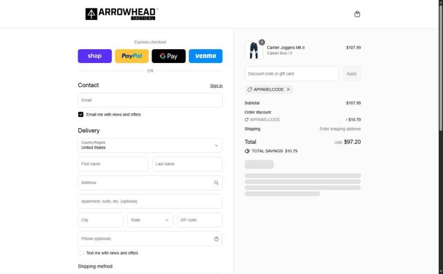 Arrowhead Tactical Apparel checkout page showing Arrowhead Tactical Apparel discount code box | Screenshot taken by SimplyCodes community member on Sep 13, 2025