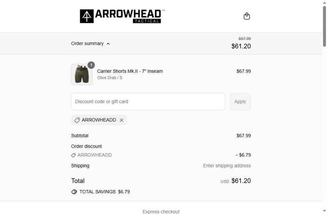 Arrowhead Tactical Apparel checkout page showing Arrowhead Tactical Apparel discount code box | Screenshot taken by SimplyCodes community member on Sep 13, 2025