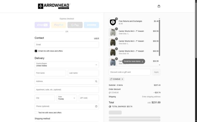 Arrowhead Tactical Apparel checkout page showing Arrowhead Tactical Apparel discount code box | Screenshot taken by SimplyCodes community member on Aug 27, 2025